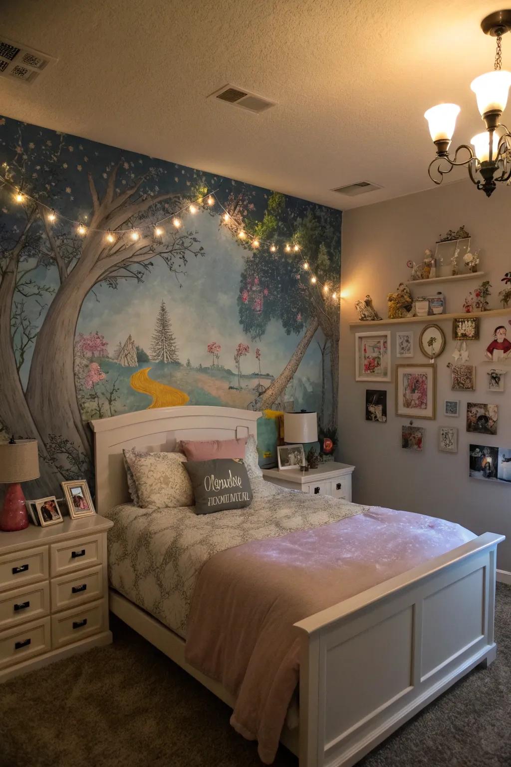 A custom mural on the accent wall adds a personal and artistic touch to the bedroom.