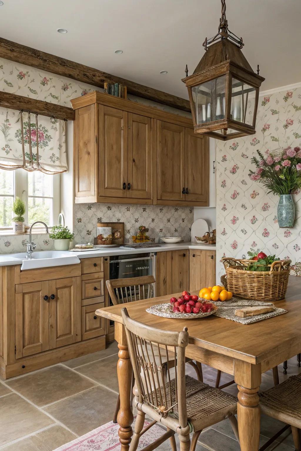 A farmhouse-style wallpaper adds rustic charm to a cozy kitchen.