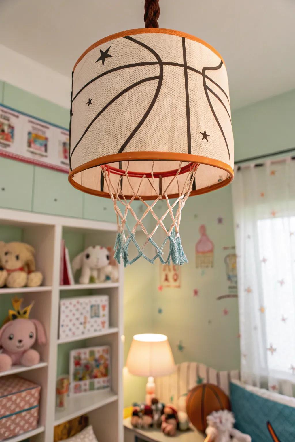Quirky sports lighting contributes a singular detail to the nursery's ambiance.