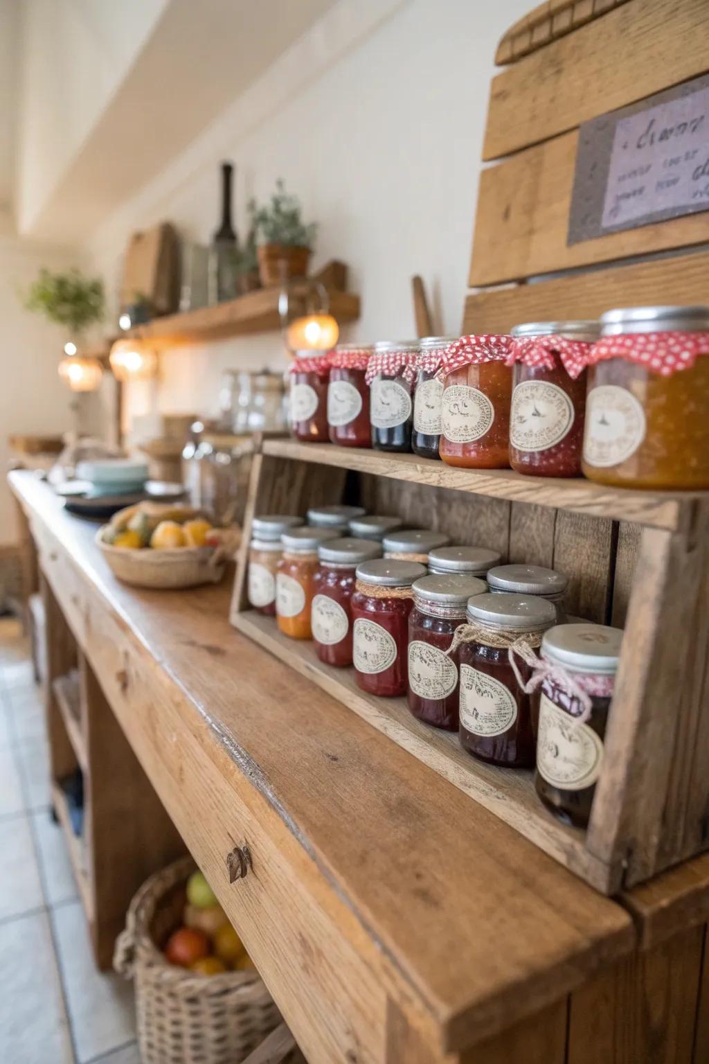 Homemade jam jars add a personal and sweet touch.