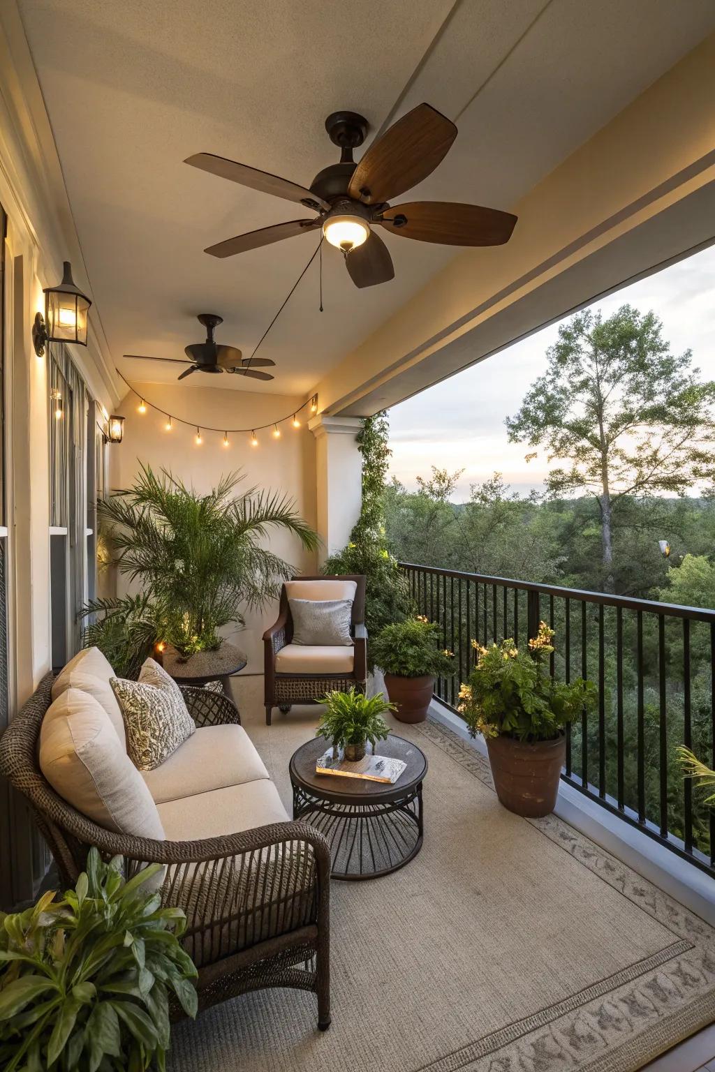 A ceiling fan keeps your balcony cool and breezy on warm days.