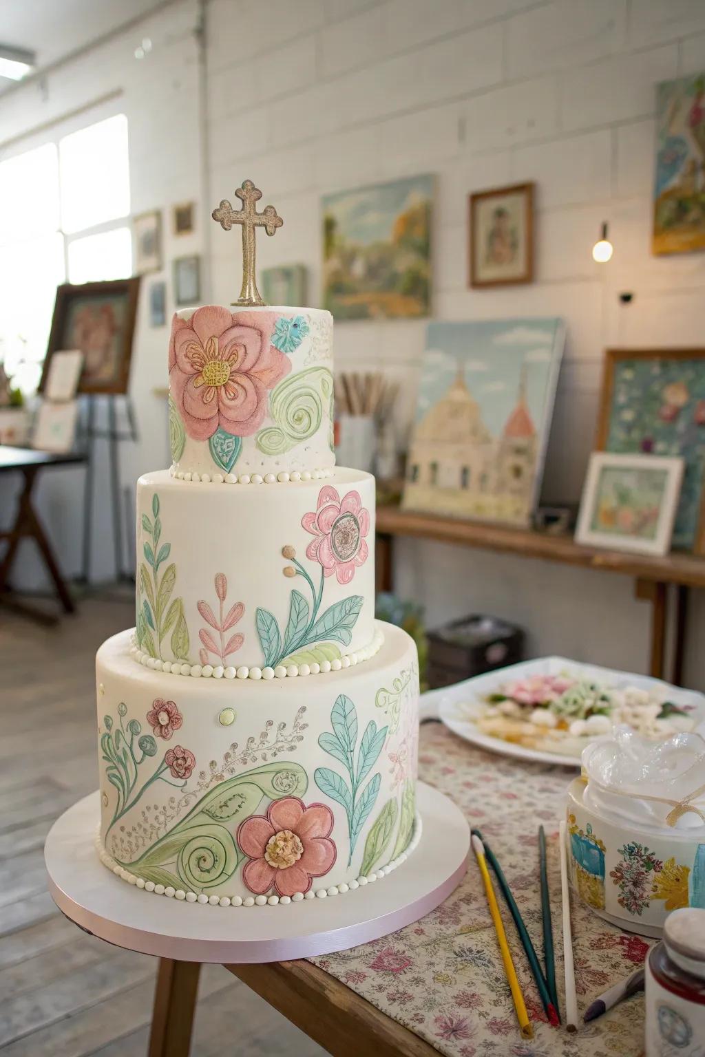 An artistic cake with hand-painted decorations.