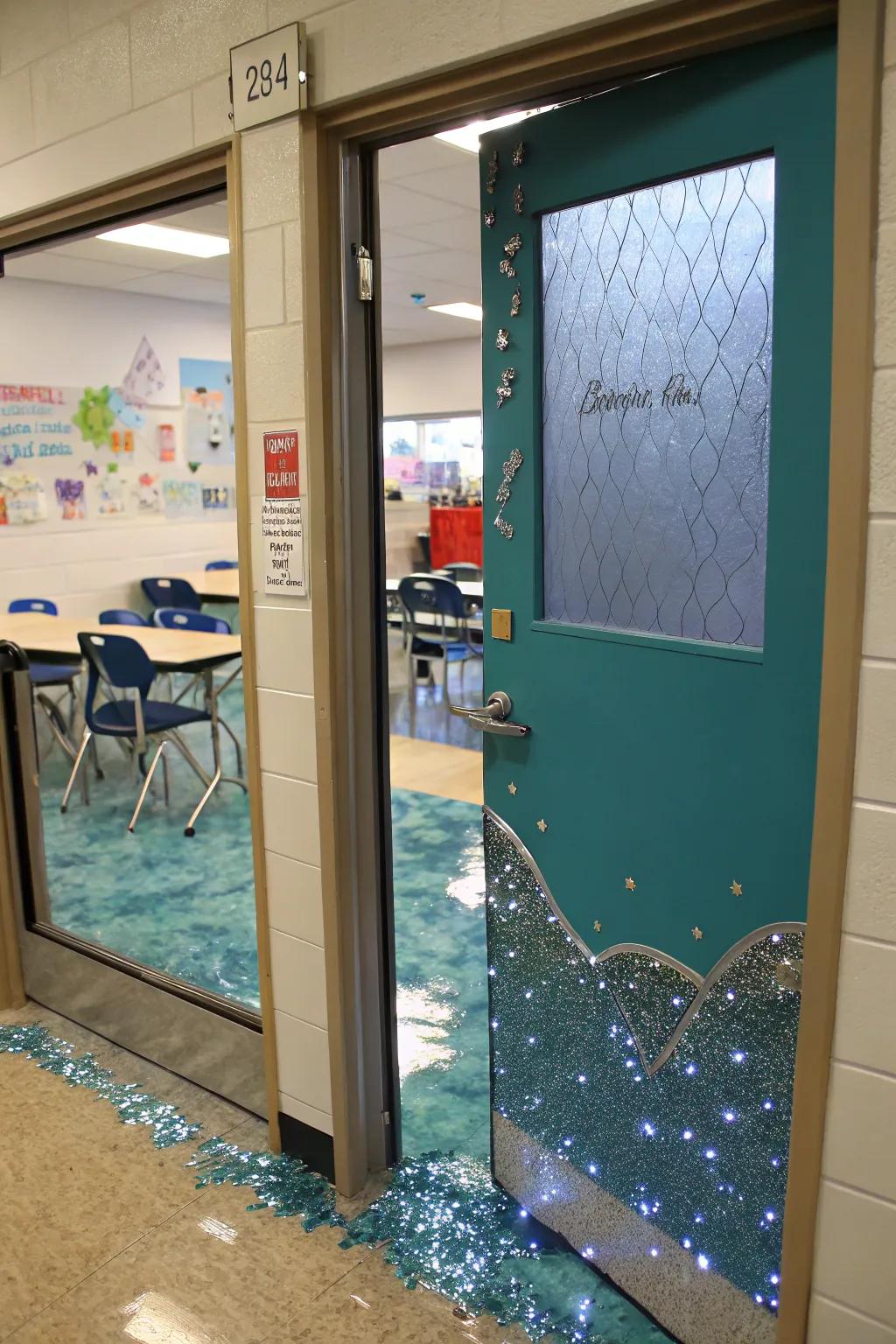 Shimmering sea effects on a classroom door for a magical touch.