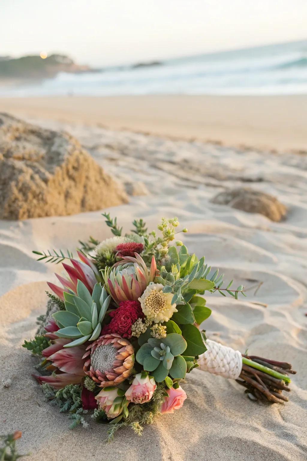 A textured bouquet that brings depth to a beach wedding.