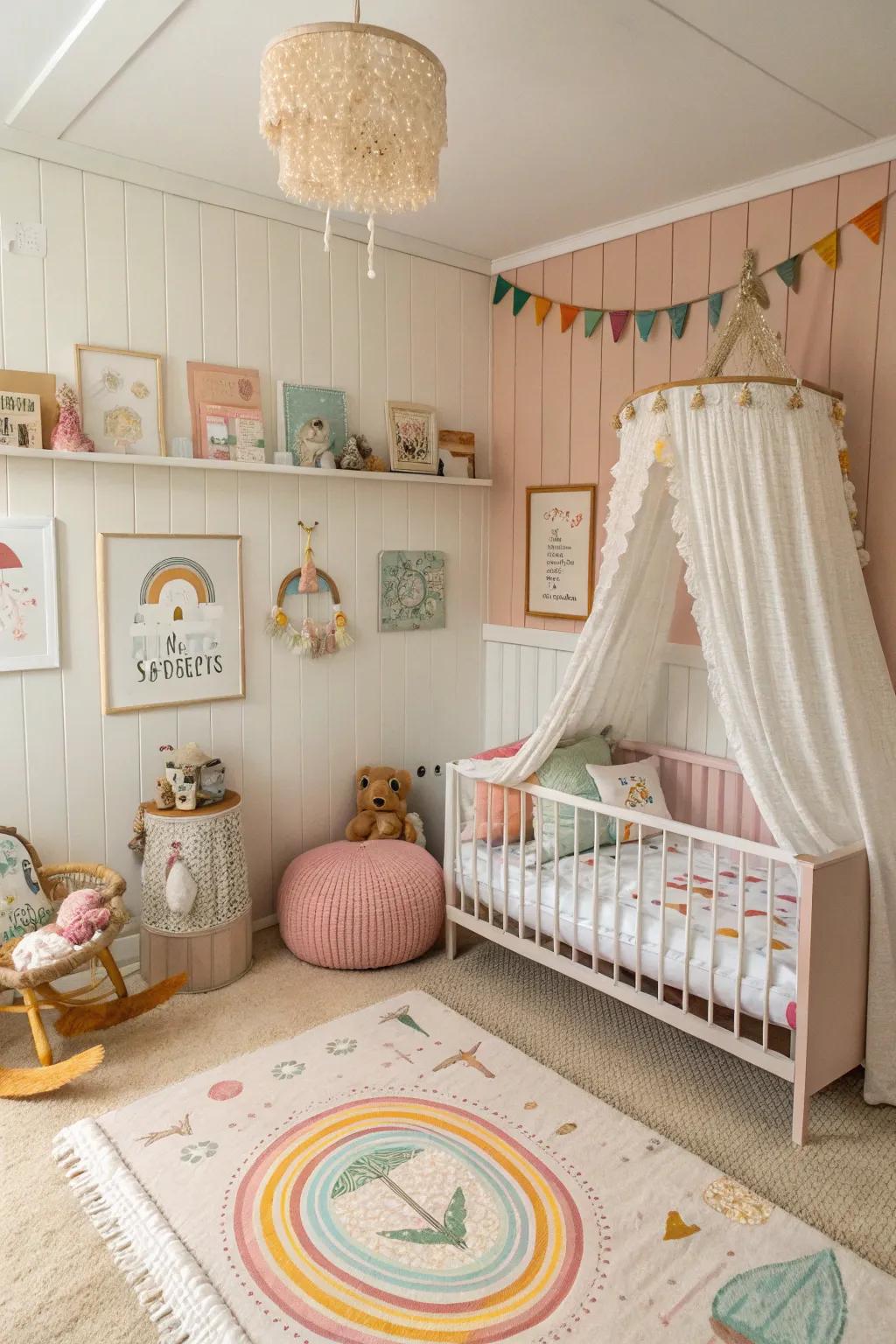 A playful nursery with beadboard walls.