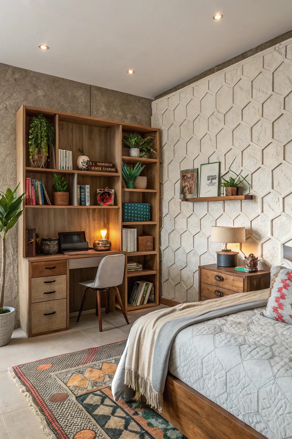 Add dimension with textured wall cubbies.