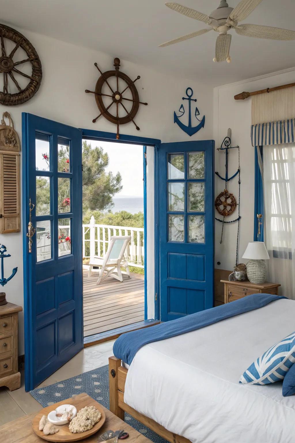 Blue accents create a calming nautical theme.