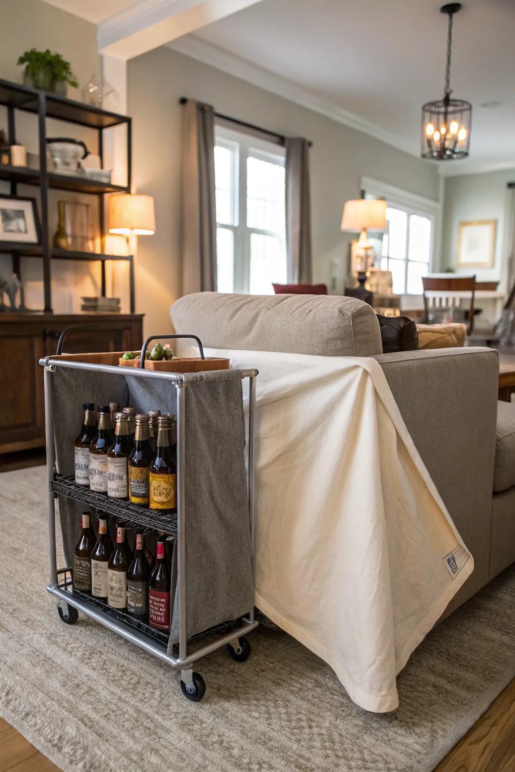 A concealed bar cart in the living room stylishly holding beer bottles.