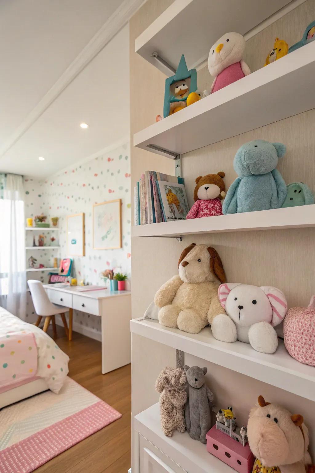Floating shelves offer a decorative method to keep and display toys.