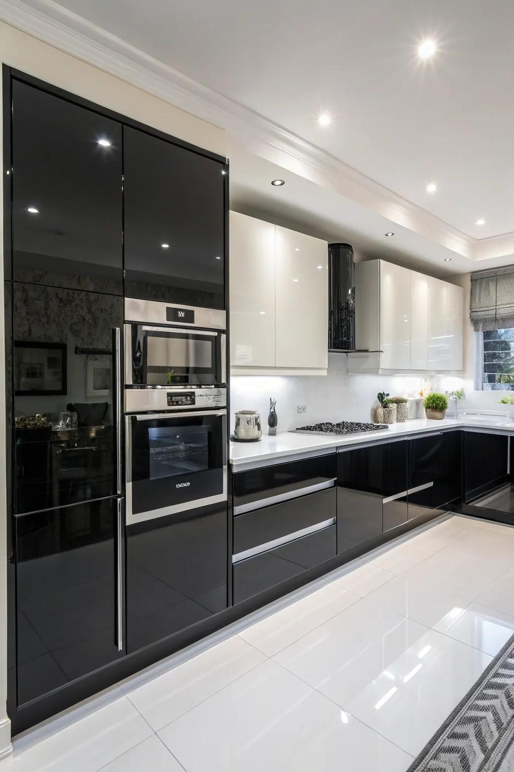 High gloss finishes add a polished look to this kitchen.