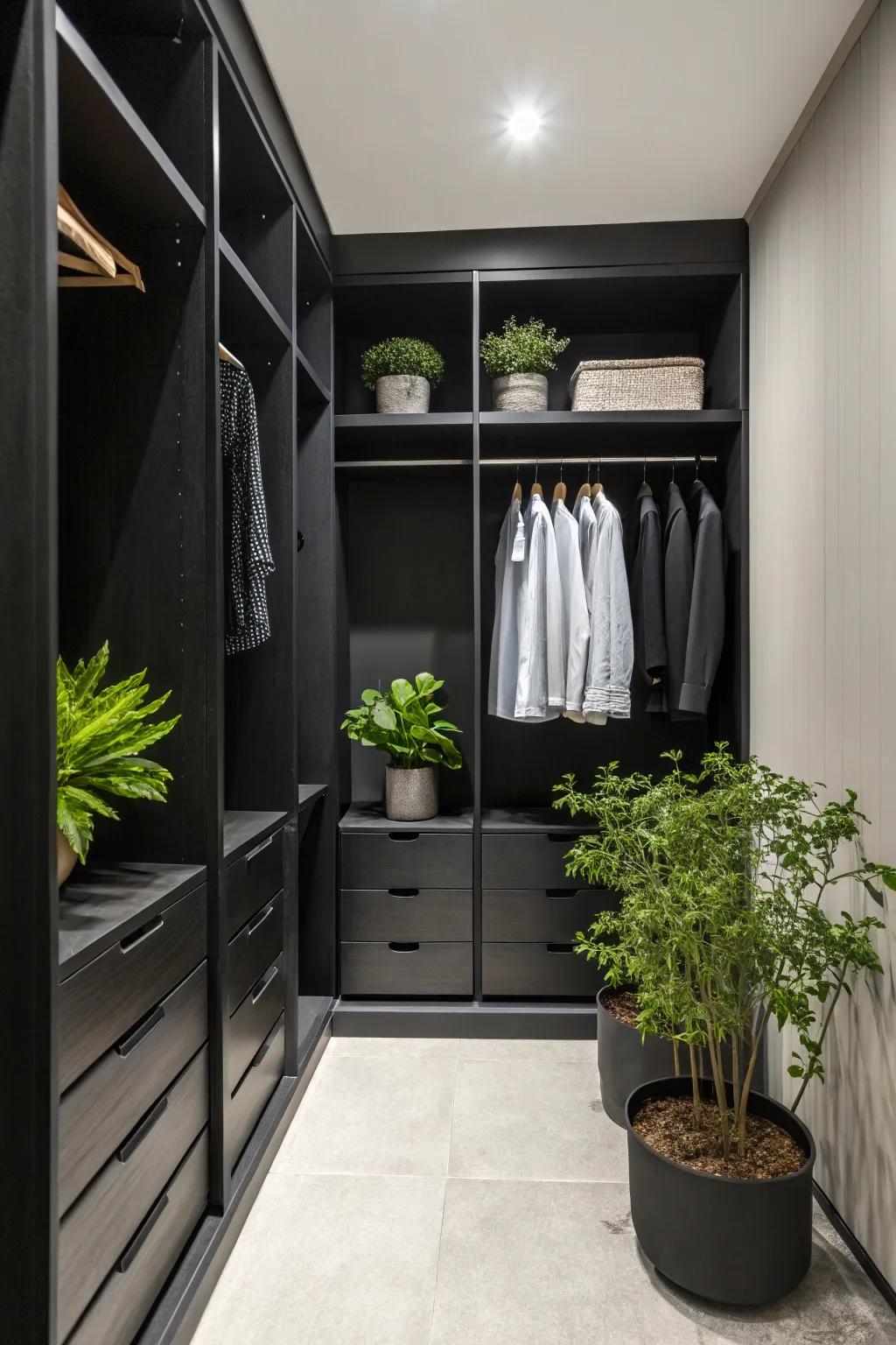 Greenery brings a refreshing touch to the elegant black closet.