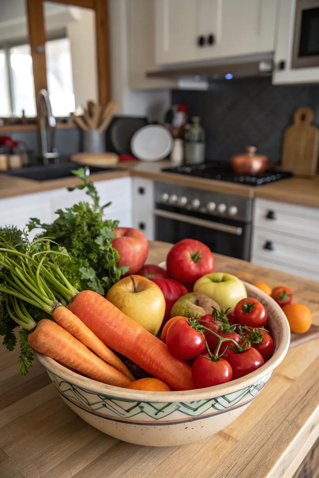 A ceramic bowl filled with fresh fruits, adding color and utility