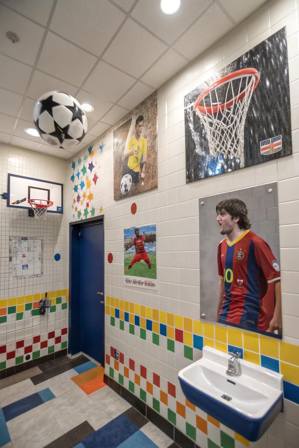 Sports-themed accents personalize a boys' bathroom.