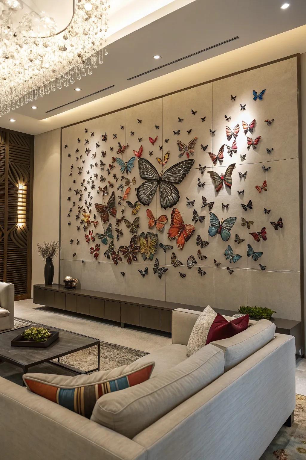 A butterfly art installation is a breathtaking feature.