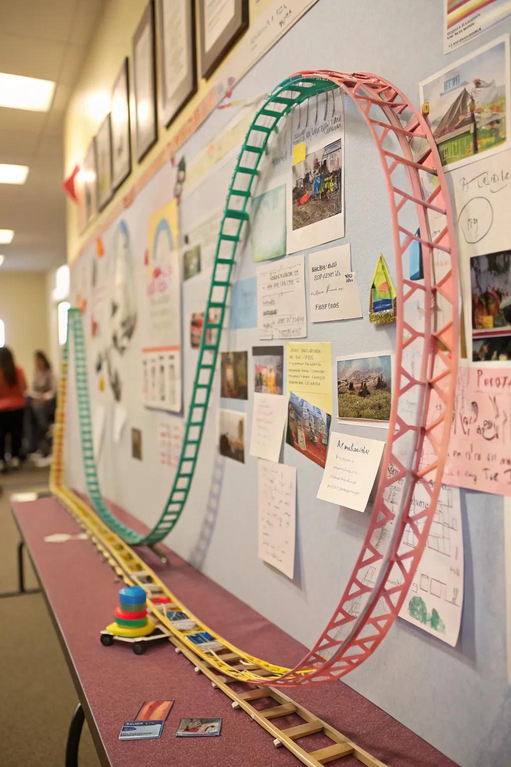 A roller coaster track brings thrills and movement to the carnival-themed display.