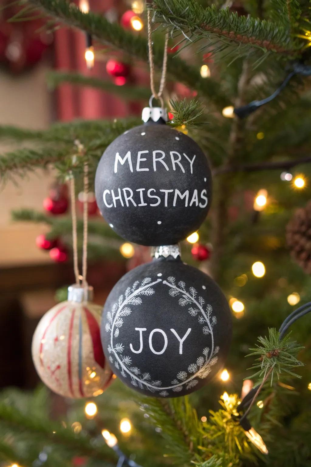 Slate-painted ornaments beckon festive ingenuity and salutations.
