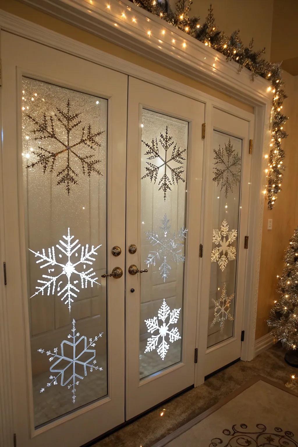 Mirrored snowflakes add a touch of sparkle to this holiday entrance.