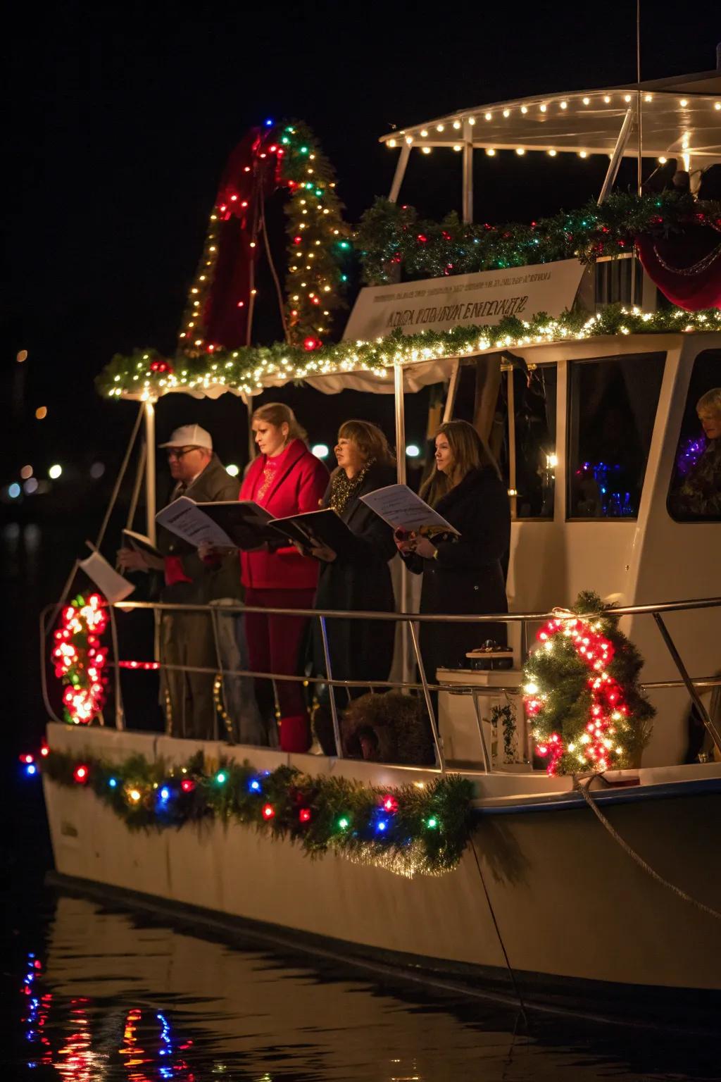 A boat hosting a Christmas carol karaoke, spreading joy through song.