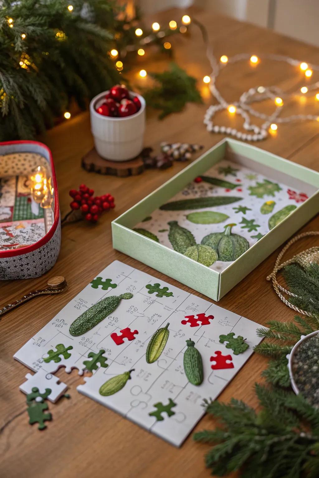 A fun pickle-themed puzzle for family gatherings.