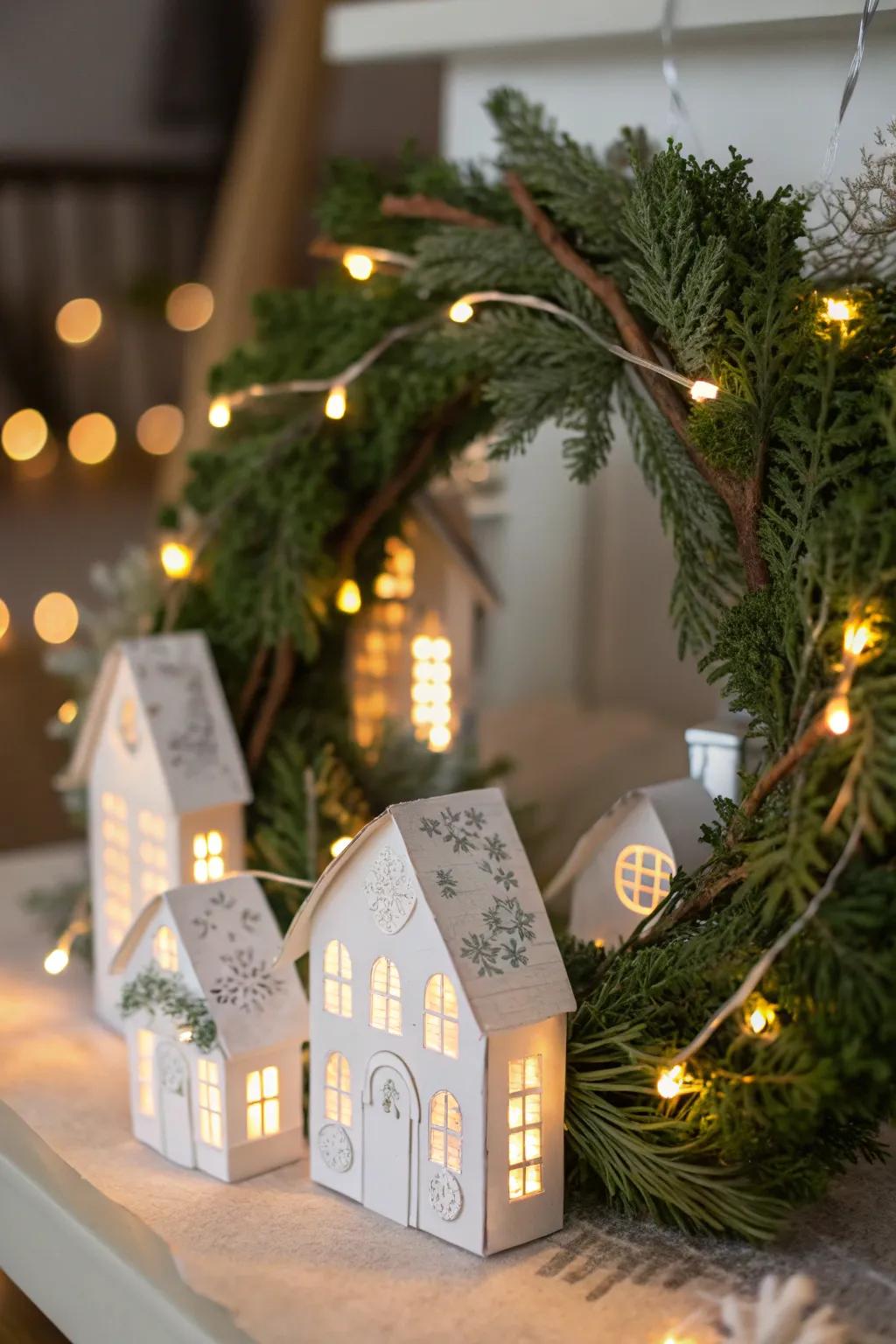 An enchanting paper hamlet garland with miniature dwellings and twinkling lights.