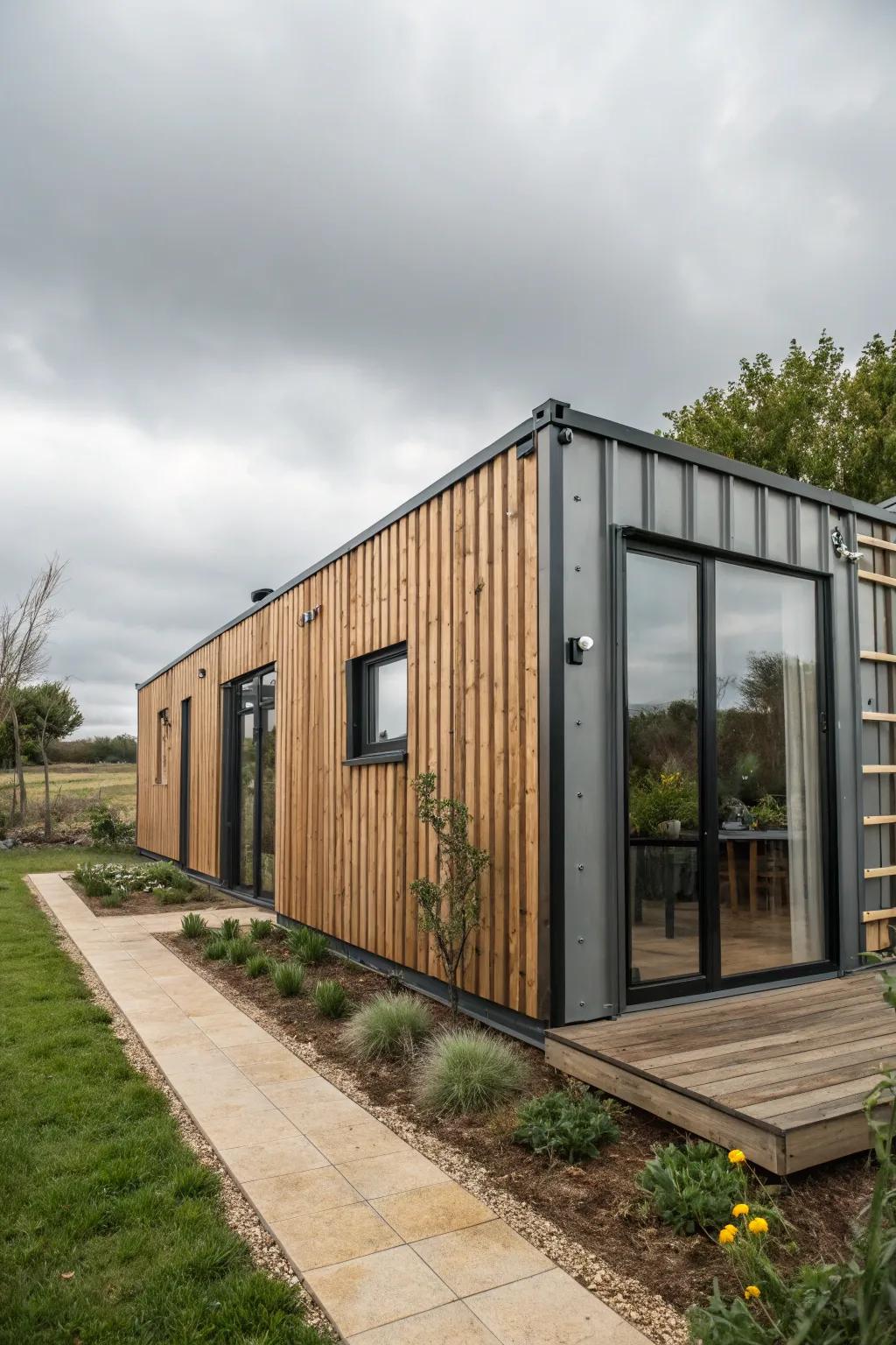 A container home showcasing creative exterior cladding.