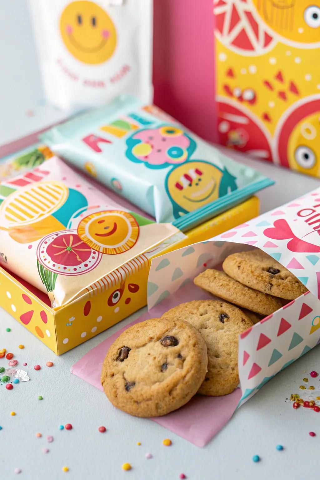 Vibrant illustrations infuse energy and personality into cookie packaging.