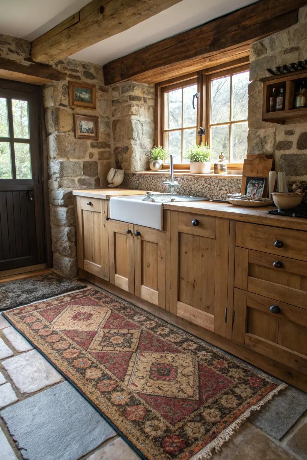 A textured rug adds warmth and color to the kitchen floor.