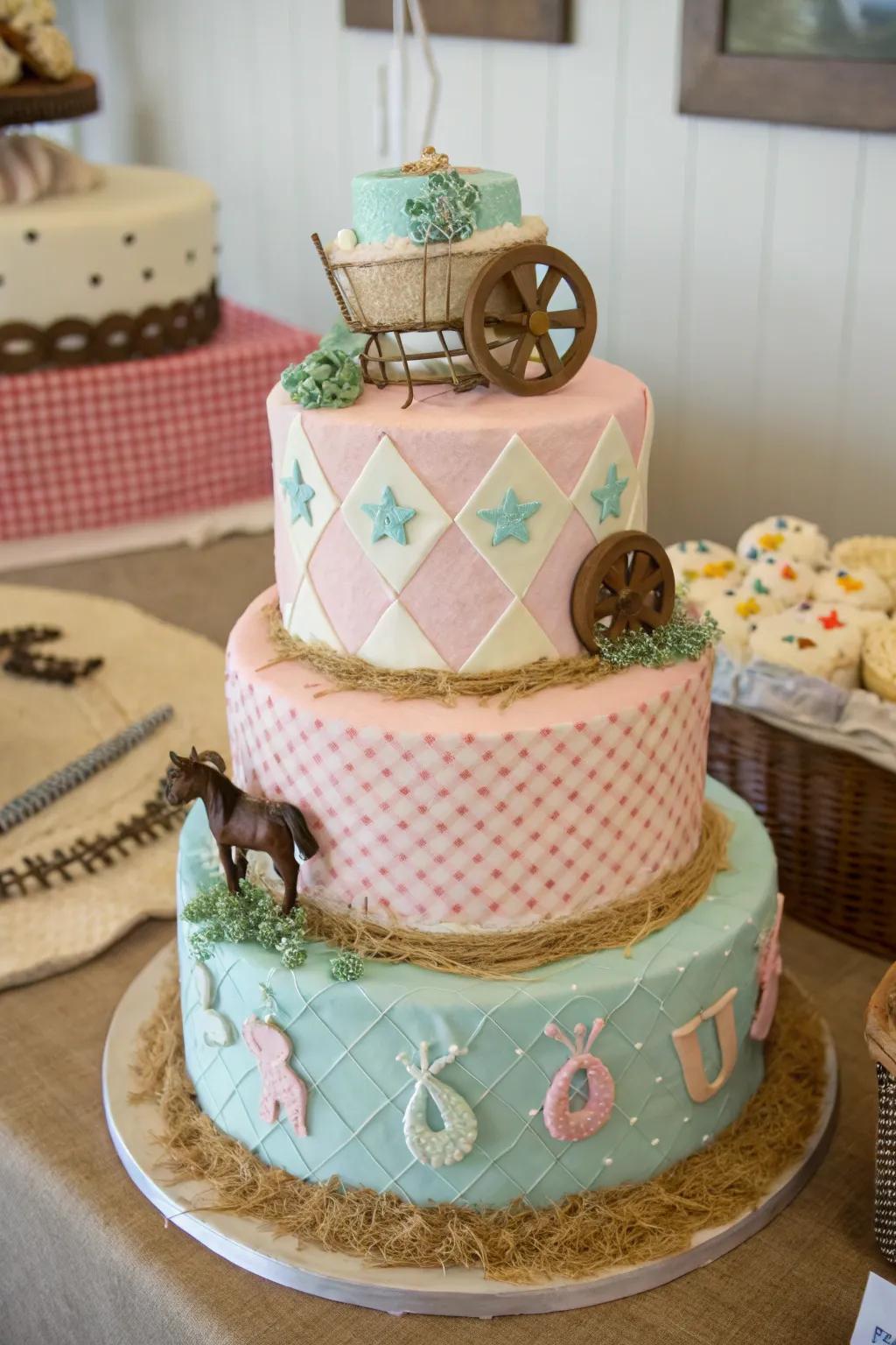 A gingham pattern adds a cozy and charming effect to this cowgirl cake.