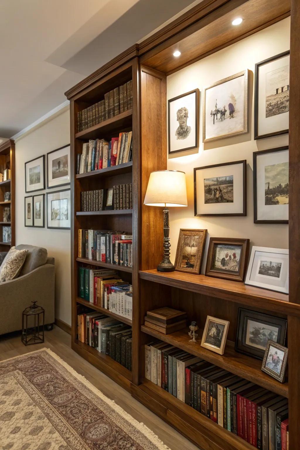 Bookshelf displays combine literature and art for a sophisticated look.