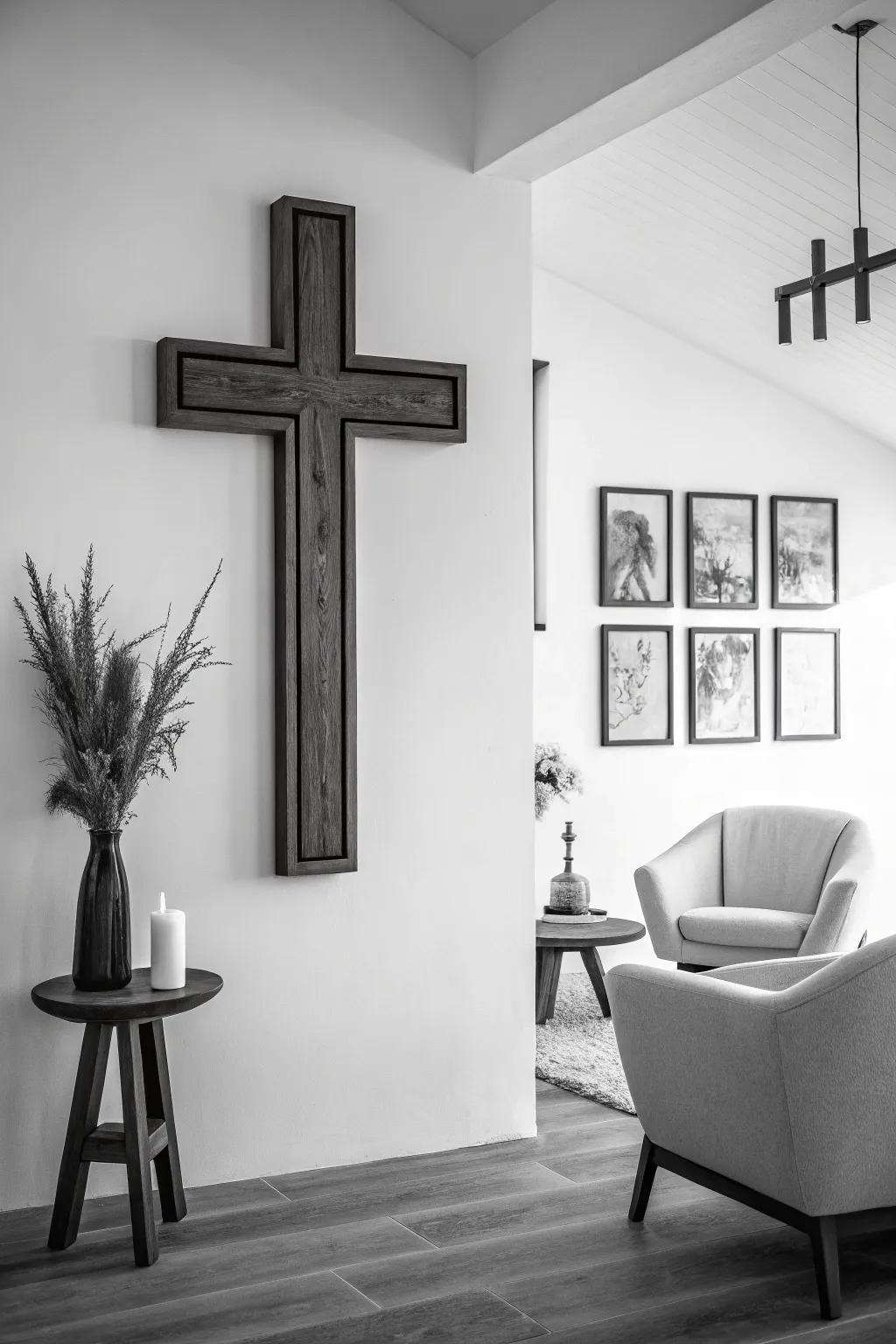 Monochrome cross wall decor for a modern look.