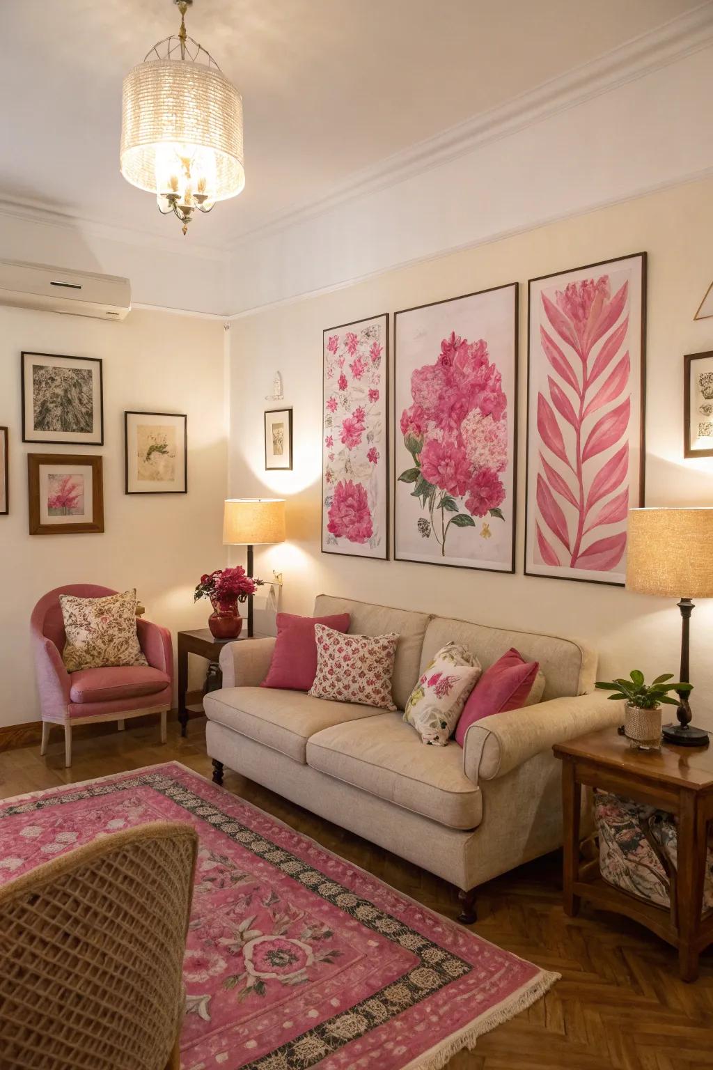 Pink artwork adds personality and character to the room.