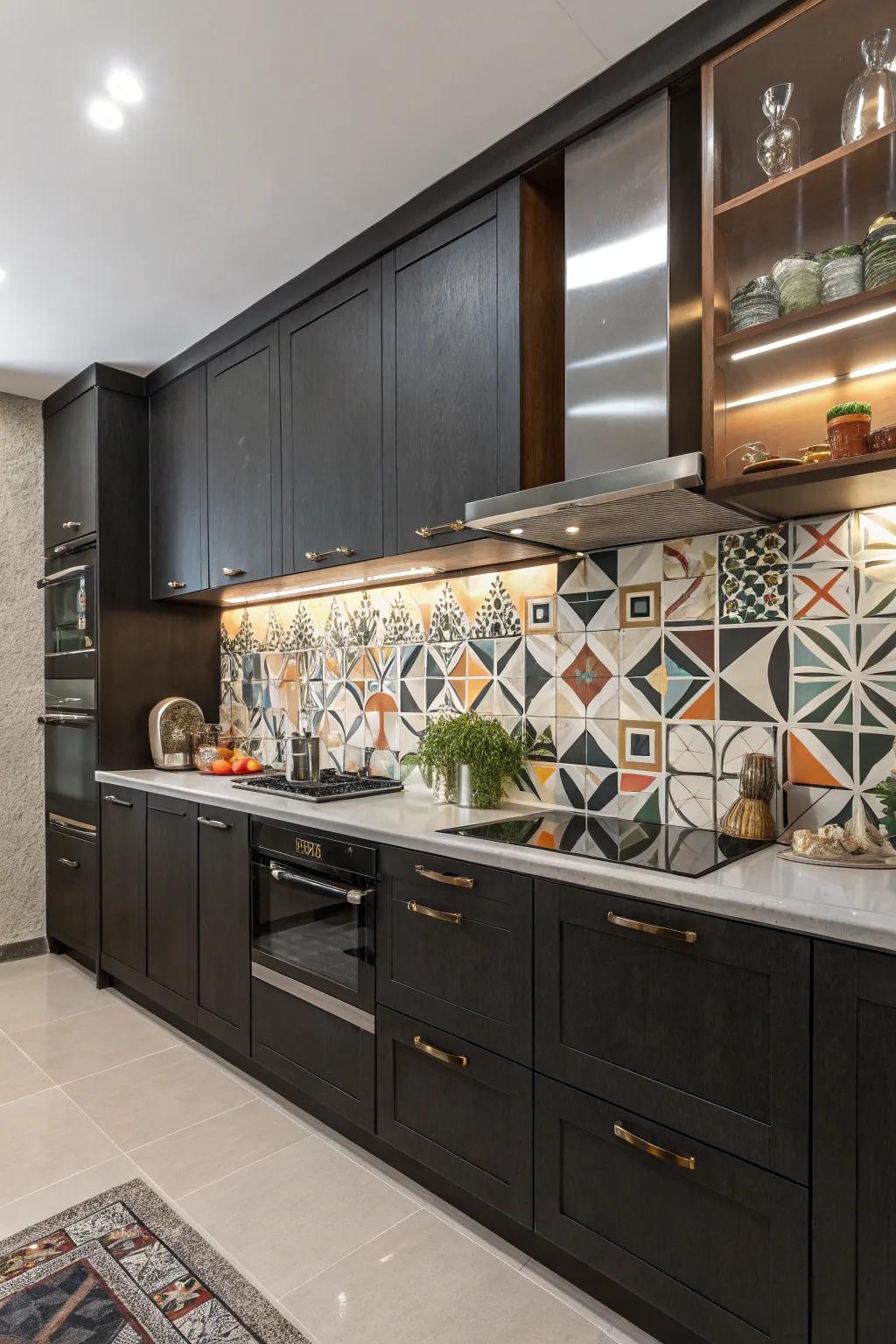 Geometric patterns complement and enhance dark kitchen cabinets.