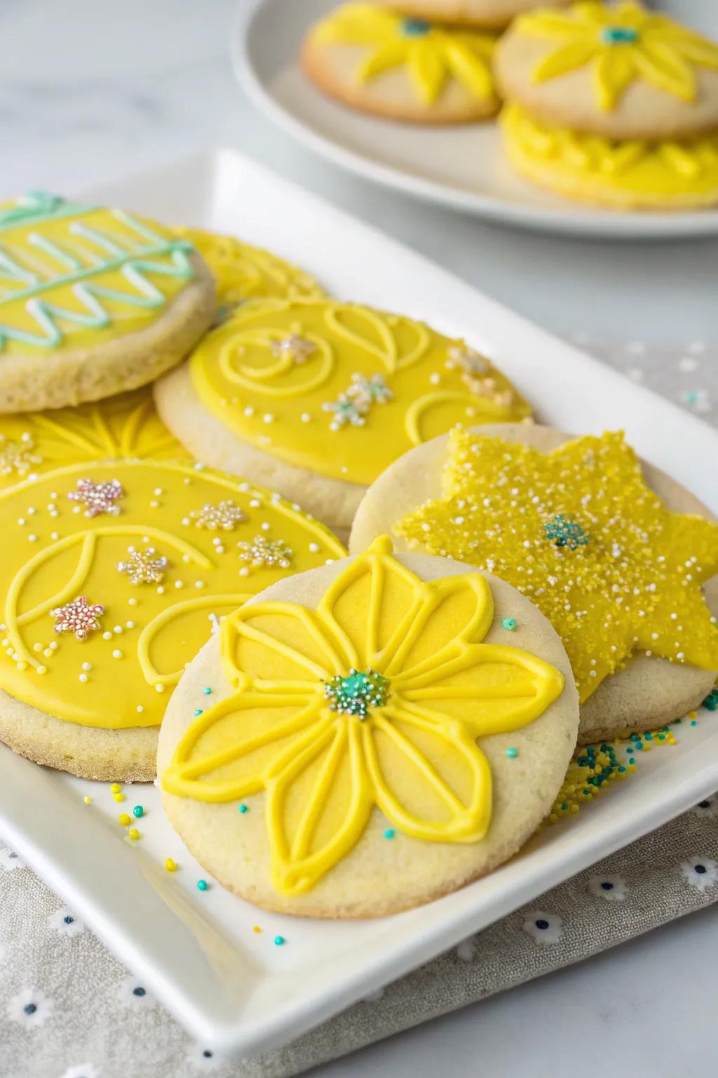 Sugar cookies decorated with yellow icing and edible glitter.