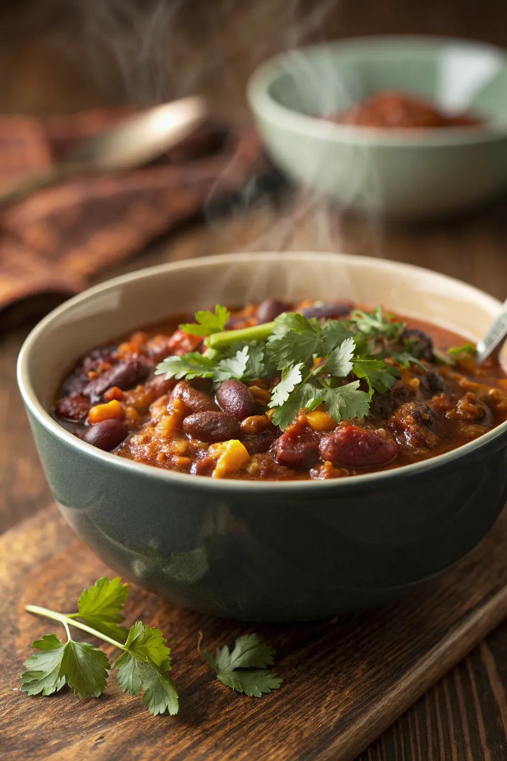 A hearty bowl of vegetarian chili, garnished with cilantro.