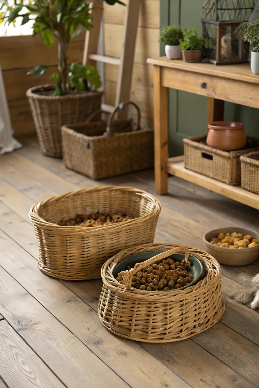 Wicker baskets add a natural touch while providing practical storage for dog food.