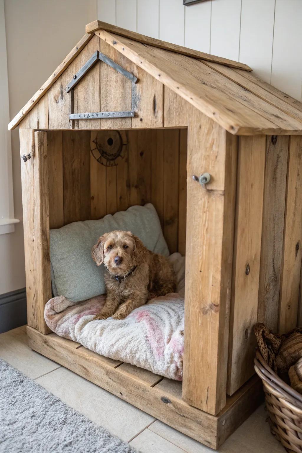 A countryside timber canine nook that melds natural textures with snug solace.
