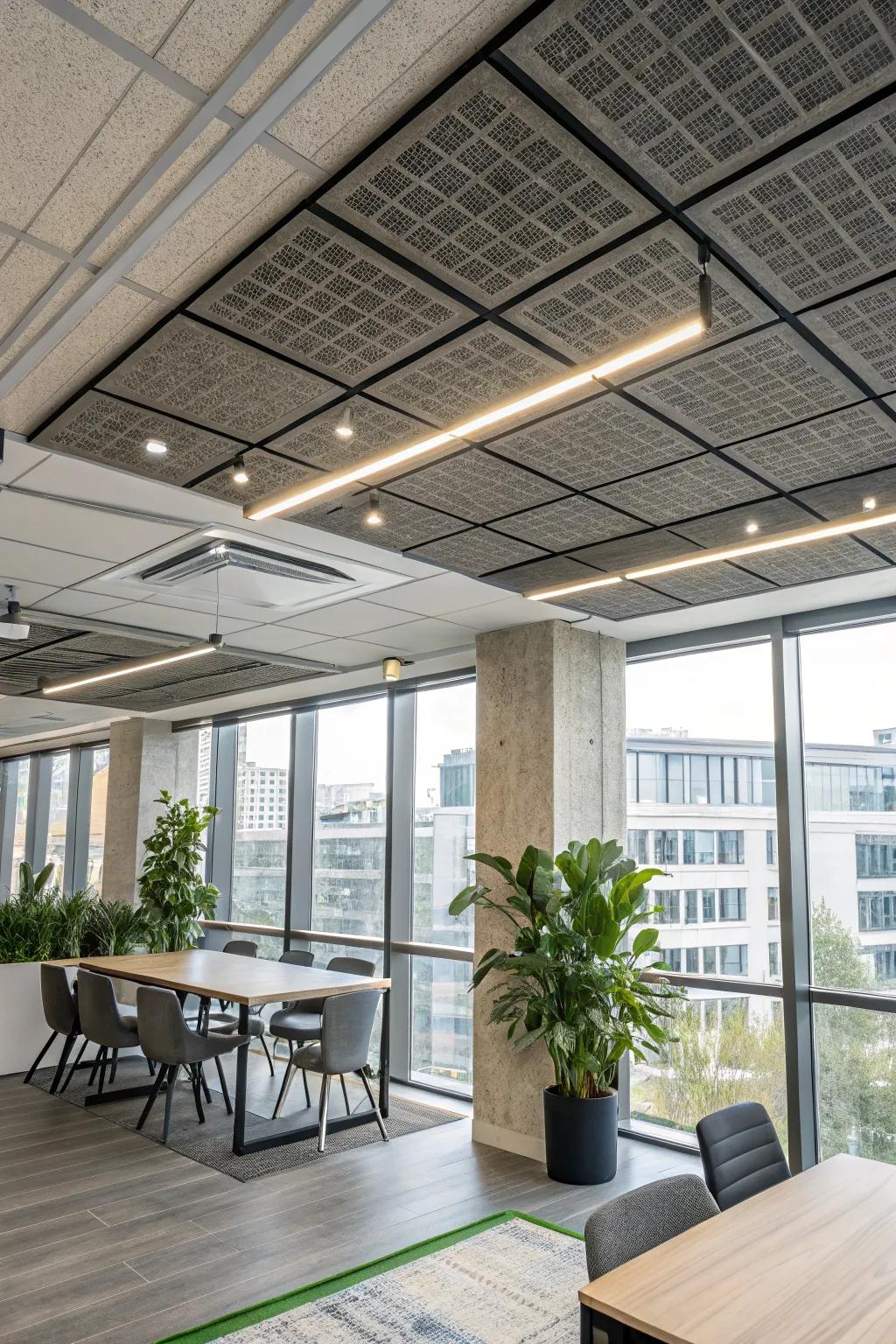 Sustainable style with eco-friendly ceiling panels.