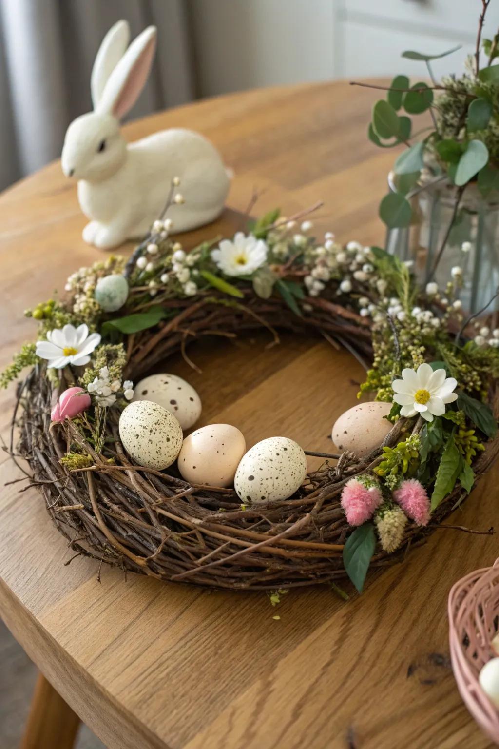 A rustic Easter wreath with eggs and a bunny, perfect for a charming centerpiece.