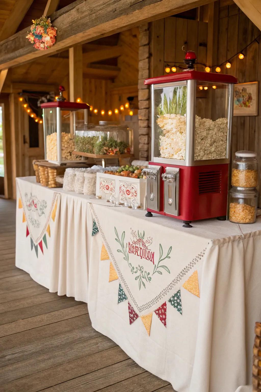 A cozy popcorn bar setup featuring embroidered fabrics and lace, perfect for a cottage-style wedding.