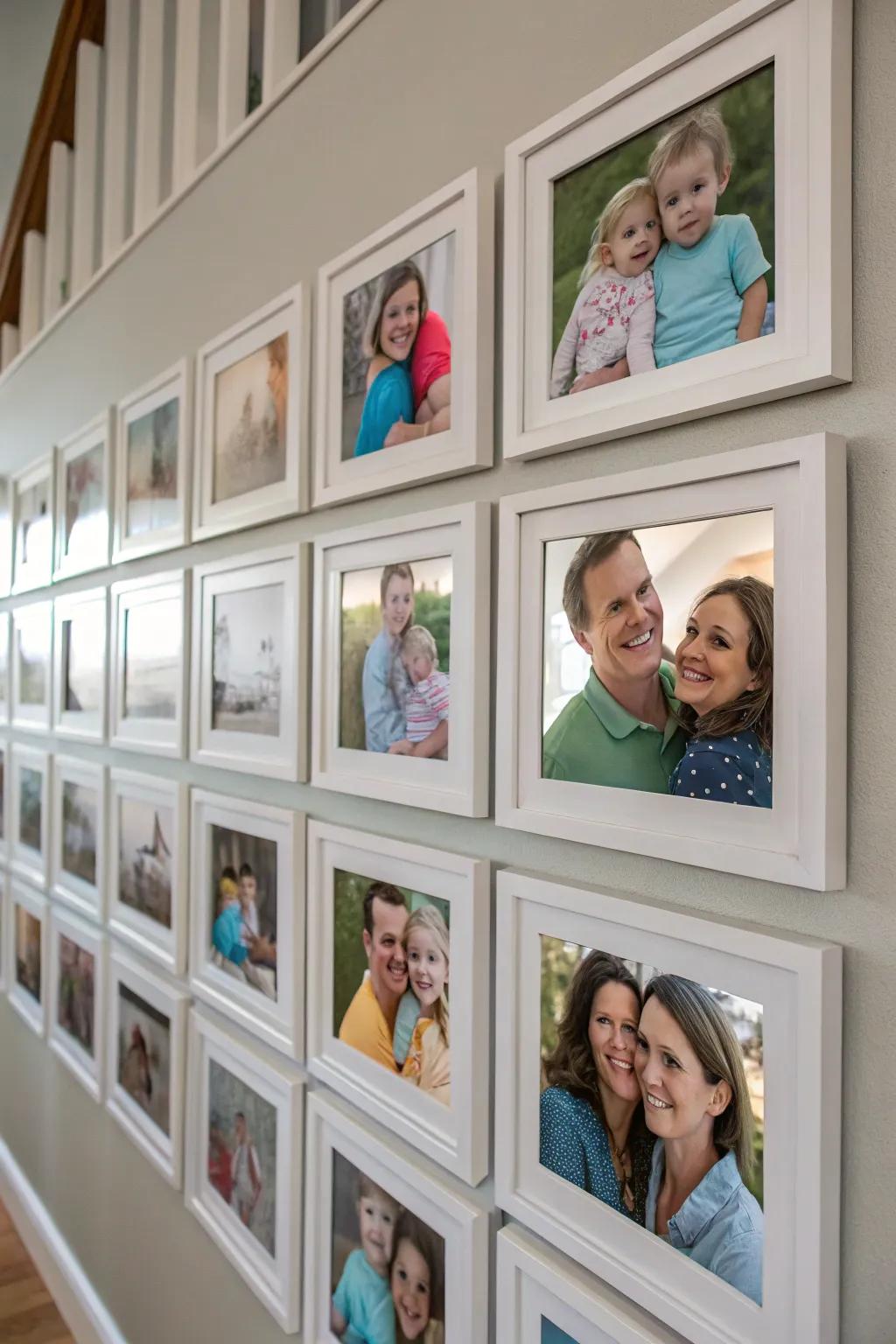 Symmetrical grids offer harmony and balance in a family photo wall.