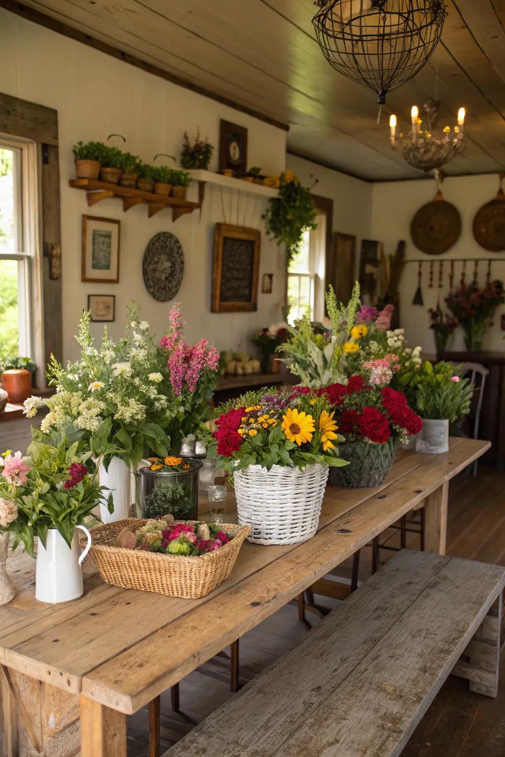 Greenery and florals add life and color to this farmhouse dining room.