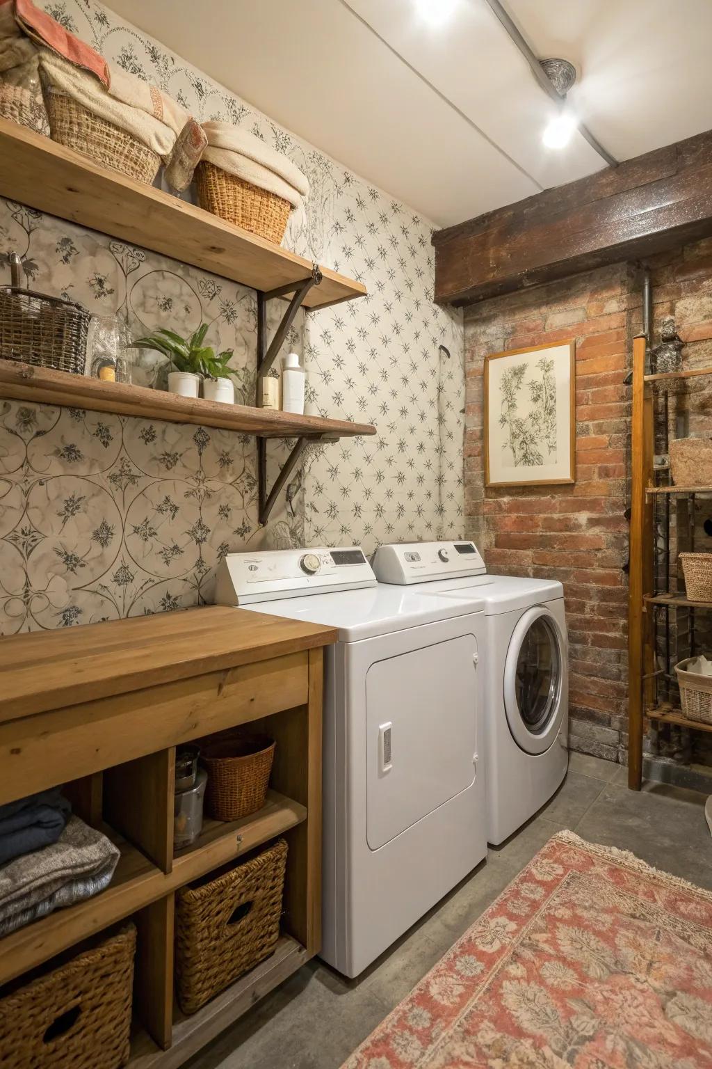 Peel-and-stick wallpaper offers a quick and easy way to personalize this farmhouse laundry room.