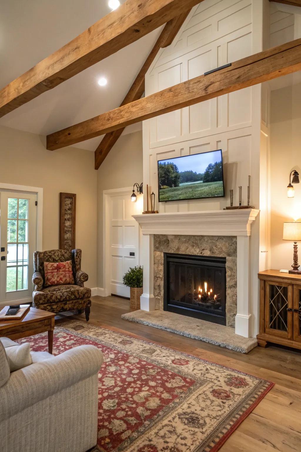 A cohesive farmhouse living room with a TV above the mantel, featuring a painted fireplace.