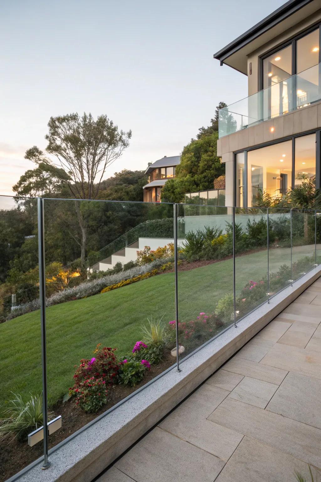 Glass panel fencing offers a modern, open feel.