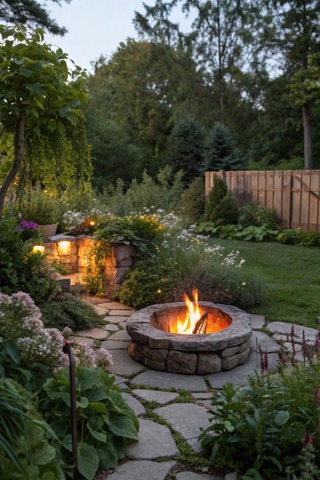 A garden nook offers a secluded, nature-immersed fire pit experience.