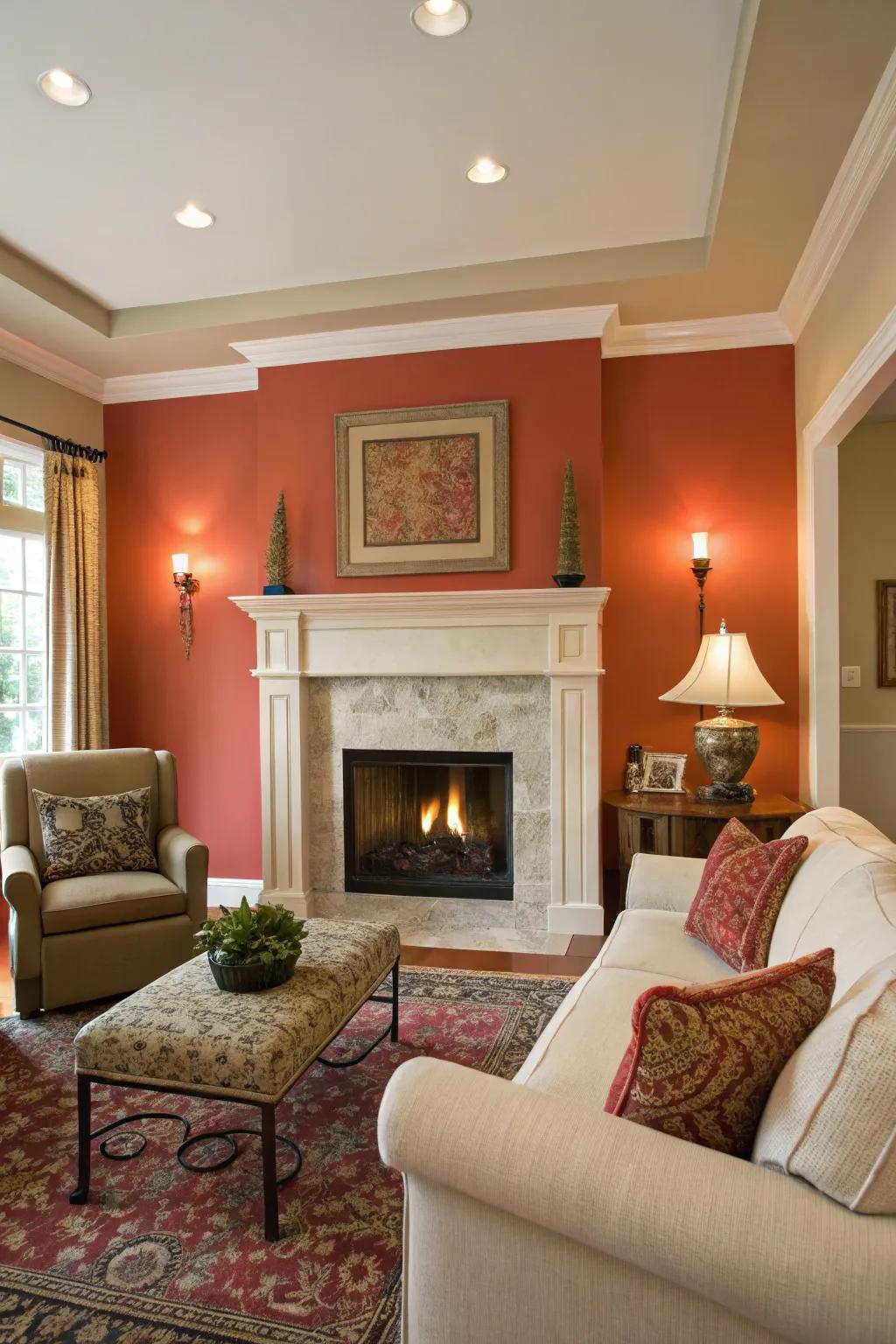 A living room featuring a brave accent wall framing the fireside alcove.