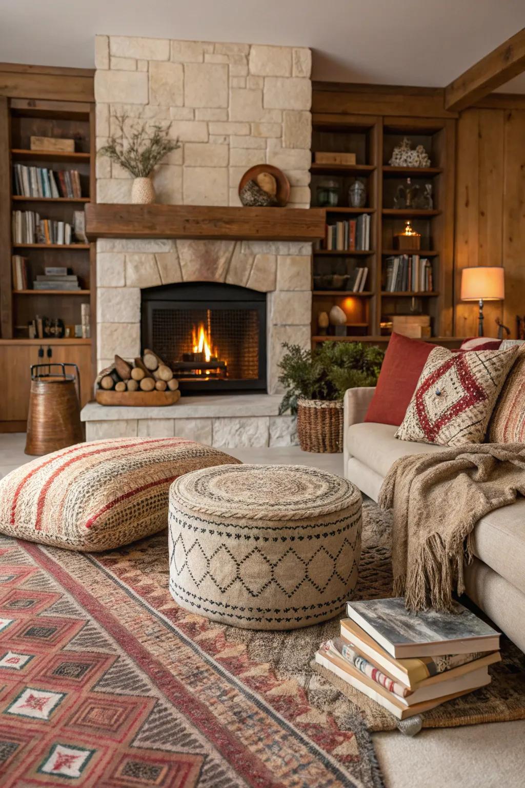 A cozy living room featuring a central fireplace enhanced by layers of textures, rugs, and cushions.