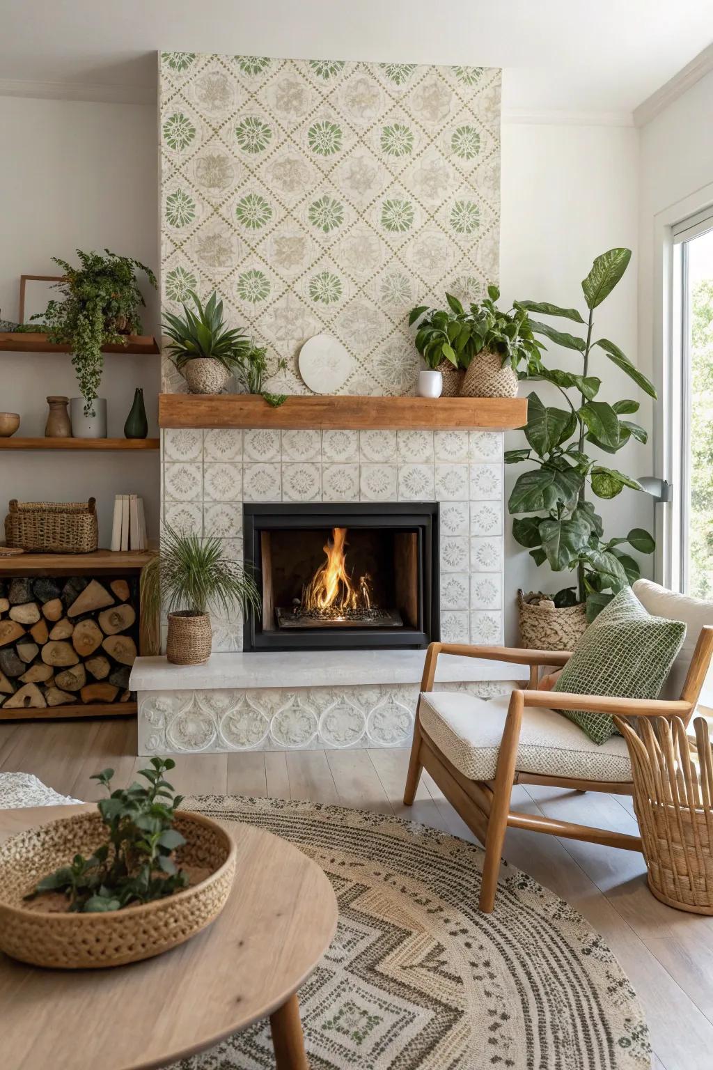 Eco-friendly tiles offer a sustainable yet stylish fireplace design.