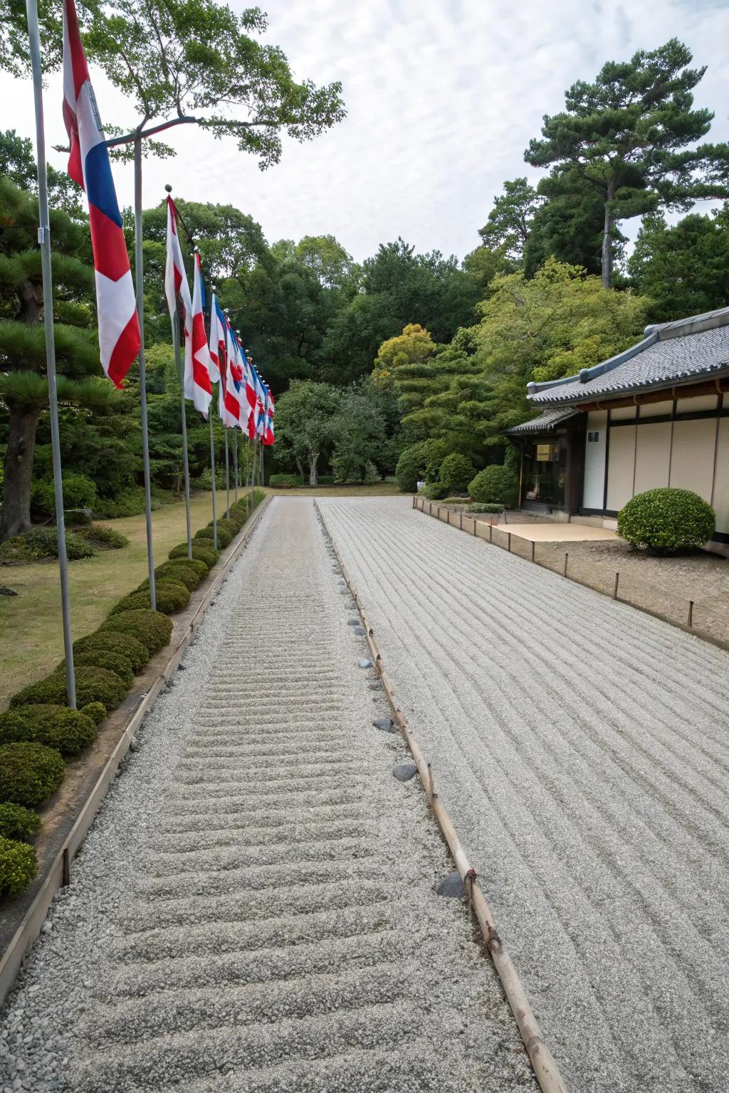 A zen garden path introduces serenity to a rear lot access.