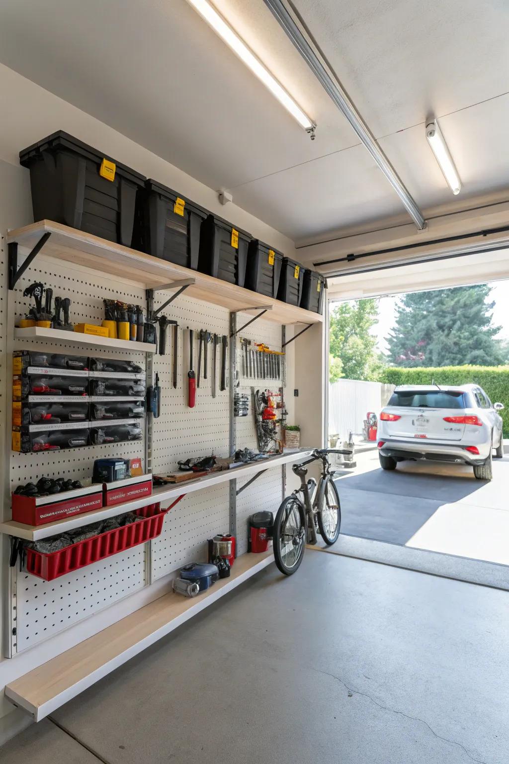 Garage organization with efficient floating shelves.